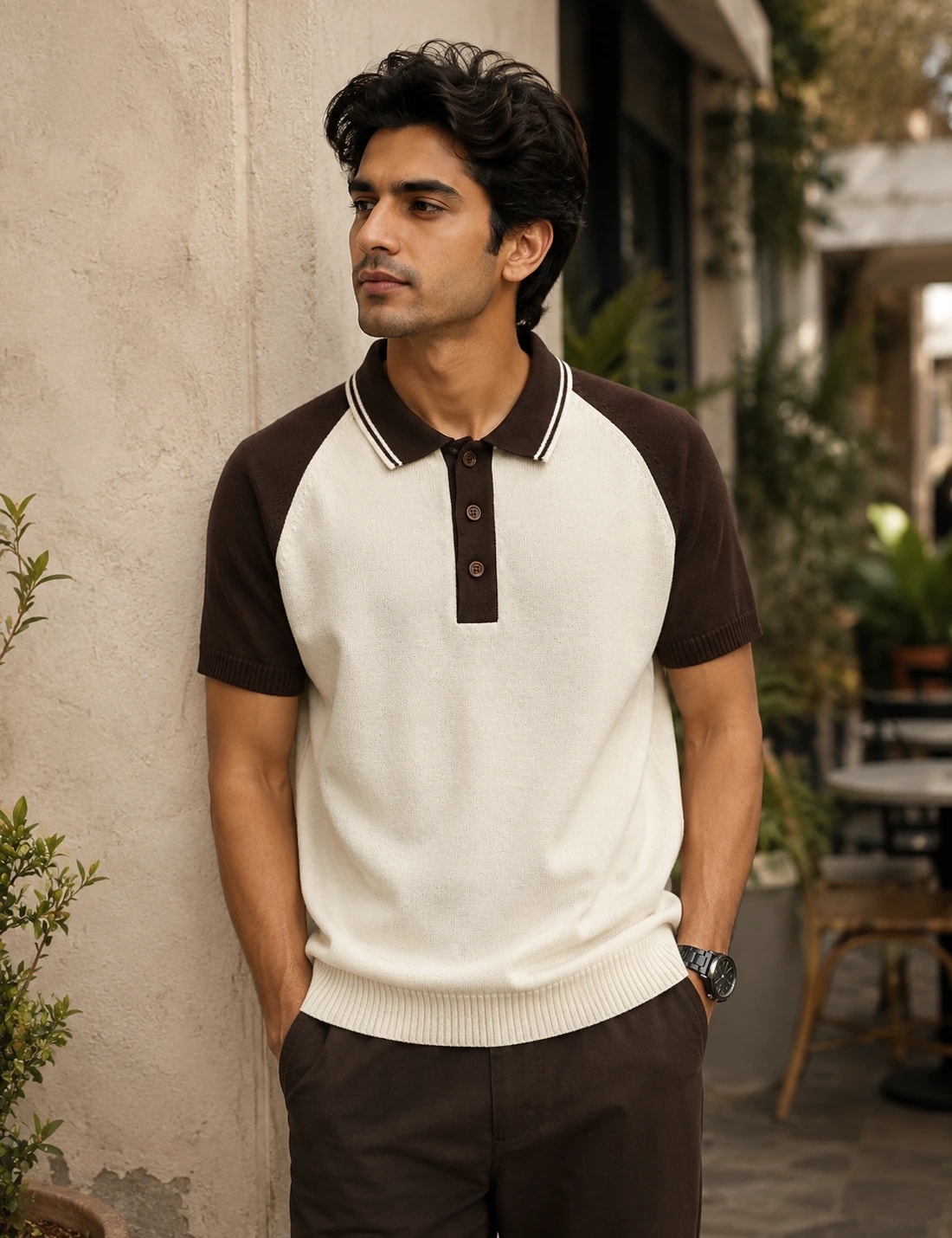 Raglan Knit Polo · Brown